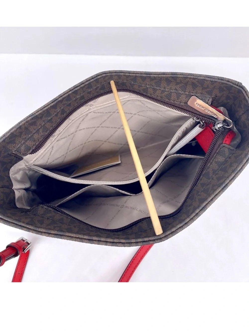 Michael Kors Brown Monogram Crossbody with Red Strap